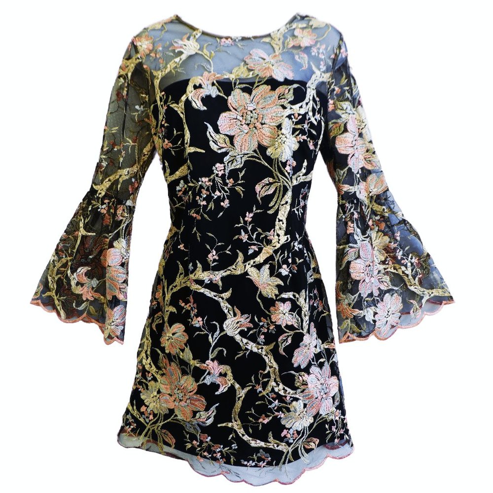 LM Collection Floral Embroidered Mesh Overlay Dress Bell Sleeves Zip Scalloped 8